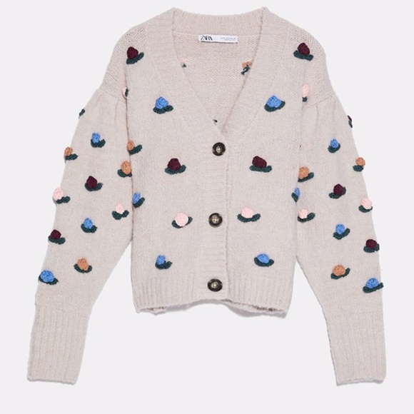 Zara Beige Wool Flower Floral Sweater Cardigan - Picture 9 of 12